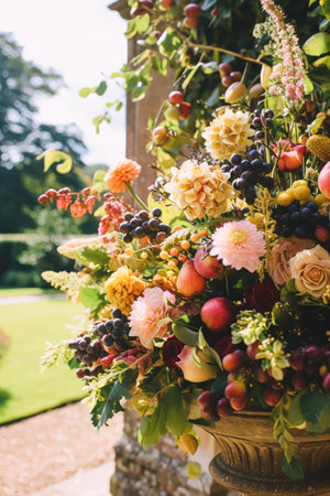 Country life, garden flowers and floral decor, autumnal flower bouquet in vase, country cottage style, post-processed, generative aiの素材