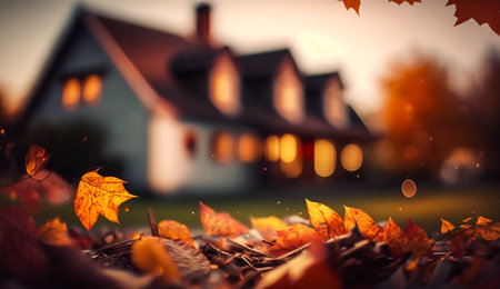 Abstract autumn scene and English country style house village on background, beautiful countryside nature with autumnal leaves and bokeh, post-processed, generative aiの素材