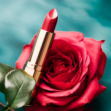 Red lipstick in a golden tube and blooming rose flower, beauty cosmetic and make-up product, post-processed, generative aiの素材