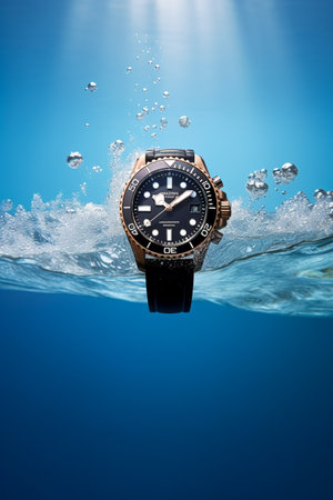 Waterproof luxury mens watch underwater in the ocean or sea commercial concept, bespoke water resistant design, post-processed, generative aiの素材