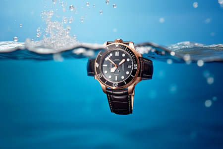 Waterproof luxury mens watch underwater in the ocean or sea commercial concept, bespoke water resistant design, post-processed, generative aiの素材