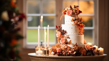 Wedding cake design, autumnal dessert styling and holiday decoration, multi-tier cake for an autumn event venue, food catering service and elegant country decor, cottage style inspirationの素材