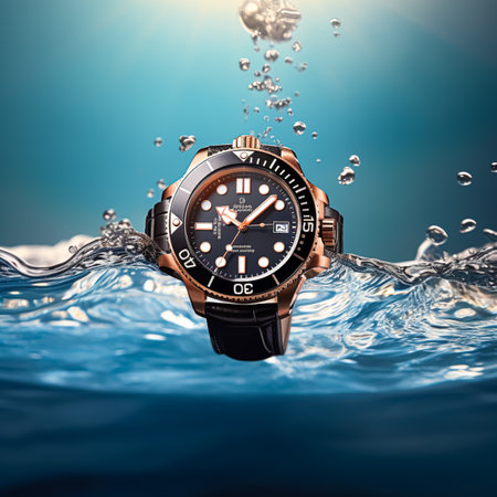Waterproof luxury mens watch underwater in the ocean or sea commercial concept, bespoke water resistant design, post-processed, generative aiの素材