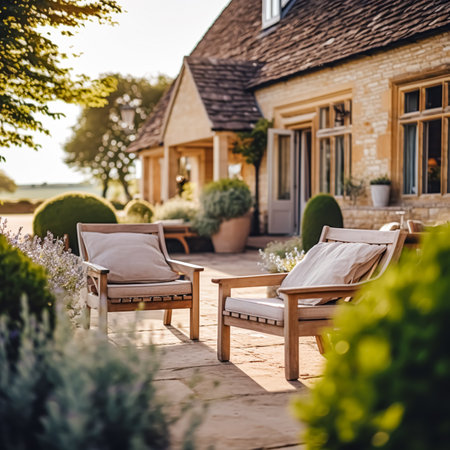 Cottage outdoor furniture and countryside house patio and terrace decor, garden lounge in country style, post-processed, generative aiの素材