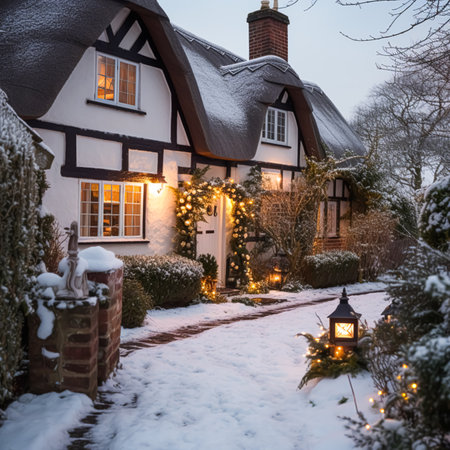 Beautiful country cottage decorated for Christmas on a snowy winter day, holiday and celebration, post-processed, generative aiの素材