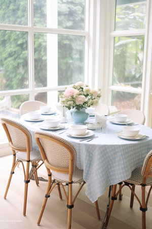 Country dining room decor with blue details, interior design and house improvement, elegant table with chairs, furniture and home decor, English cottage style, post-processed, generative aiの素材