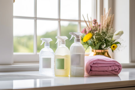 Home cleaning, housekeeping and homemaking, liquid soap, cleaning product bottle, cleaner spray and cleanser in the English country house, clean home ideaの素材