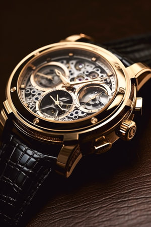 Luxury mens watch commercial concept, bespoke gold design on dark background, holiday gift ideaの素材