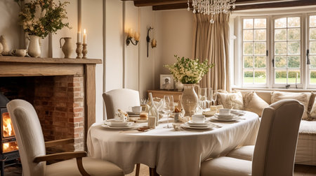 Dining room decor, interior design and autumn holiday celebration, elegant autumnal table decoration with candles and flowers, home decor and country cottage style ideaの素材