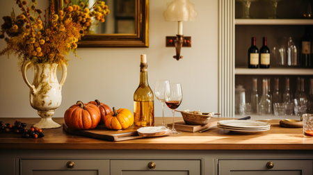 Autumnal kitchen decor, interior design and house decoration, classic English kitchen decorated for autumn season in a country house, elegant cottage style ideaの素材