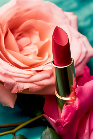 Pink lipstick in a golden tube and blooming rose flower, beauty cosmetic and make-up product, post-processed, generative aiの素材
