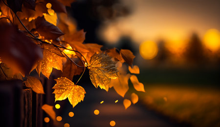 Abstract autumn background, beautiful countryside nature with autumnal leaves and bokeh, post-processed, generative aiの素材