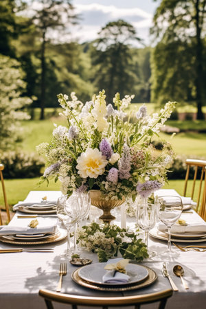 Wedding tablescape, elegant formal dinner table setting, table scape with lavender decoration for holiday party event celebration, post-processed, generative aiの素材