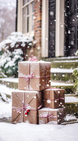 Christmas gifts delivery, postal service and holiday presents online shopping, wrapped parcel boxes on a country house doorstep in a snowing winter, post-processed, generative aiの素材