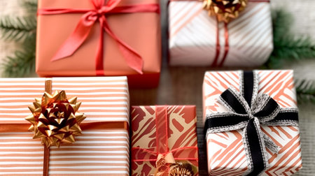 Holiday gifts and presents, country cottage rustic style gift boxes for Christmas, boxing day and holidays shopping flatlay, post-processed, generative aiの素材