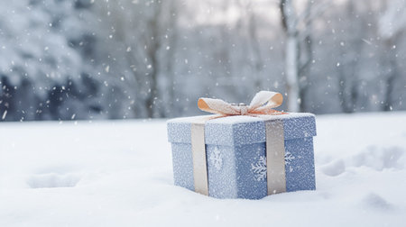 Christmas holiday gift and present, gift box in the snow in snowfall winter countryside nature for boxing day, holidays shopping sale ideaの素材
