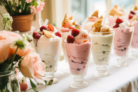 Ice cream desserts buffet table, event food catering for wedding, party and holiday celebration, ice creams and flowers decor in a floral countryside garden, post-processed, generative aiの素材