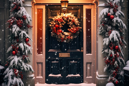 Christmas holiday, country cottage and snowing winter, wreath decoration on a door, Merry Christmas and Happy Holidays wishes, post-processed, generative aiの素材