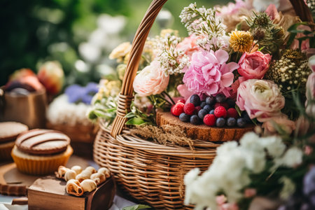 Summer garden harvest, farmers market and country buffet table, cakes and desserts in wicker basket in the garden, food catering for wedding and holiday celebration, floral decor ideaの素材