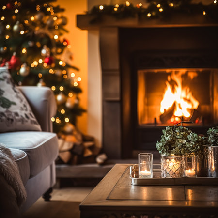 Christmas, holiday decor and country cottage style, cosy atmosphere, decorated Christmas tree in the English countryside house living room with fireplace, interior decoration ideaの素材