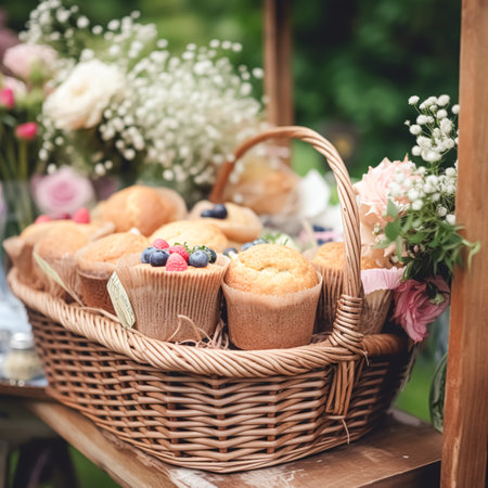 Summer garden harvest, farmers market and country buffet table, cakes and desserts in wicker basket in the garden, food catering for wedding and holiday celebration, floral decor ideaの素材