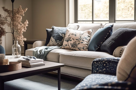 Elegant sitting room decor, interior design, living room furniture, sofa and home decor in English country house and elegant cottage style, post-processed, generative aiの素材