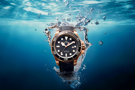 Waterproof luxury mens watch underwater in the ocean or sea commercial concept, bespoke water resistant design, post-processed, generative aiの素材