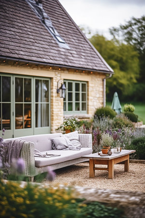 Cottage outdoor furniture and countryside house patio and terrace decor, garden lounge in country style, post-processed, generative aiの素材