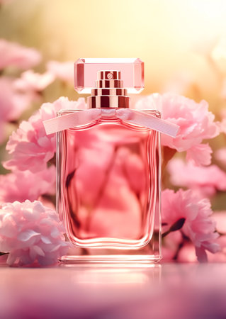 Luxurious floral scent, fragrance bottle and pink flowers, perfume commercial in flower garden, bespoke perfumery and beauty product sale, post-processed, generative aiの素材