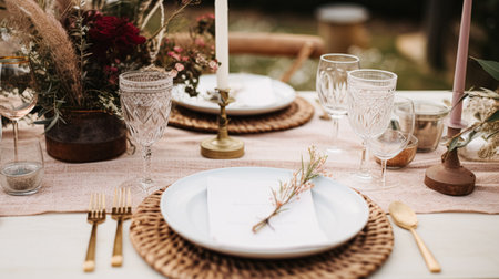 Table decor, holiday tablescape and dinner table setting in countryside garden, formal event decoration for wedding, family celebration, English country and home styling inspirationの素材