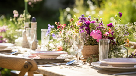 Table decor, holiday tablescape and dinner table setting in countryside garden, formal event decoration for wedding, family celebration, English country and home styling inspirationの素材