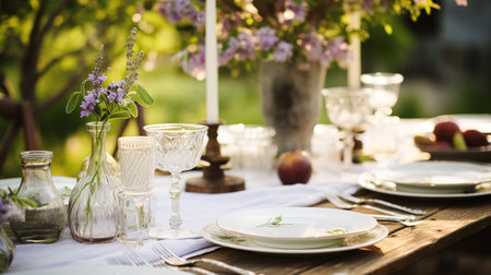 Table decor, holiday tablescape and dinner table setting in countryside garden, formal event decoration for wedding, family celebration, English country and home styling inspirationの素材