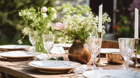 Table decor, holiday tablescape and dinner table setting in countryside garden, formal event decoration for wedding, family celebration, English country and home styling inspirationの素材