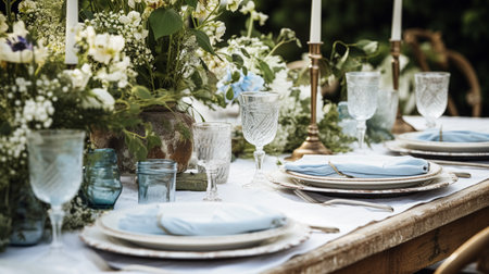 Table decor, holiday tablescape and dinner table setting in countryside garden, formal event decoration for wedding, family celebration, English country and home styling inspirationの素材