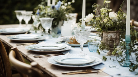 Table decor, holiday tablescape and dinner table setting in countryside garden, formal event decoration for wedding, family celebration, English country and home styling inspirationの素材