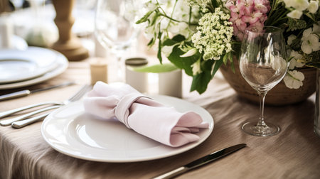Table decor, holiday tablescape and dinner table setting in countryside garden, formal event decoration for wedding, family celebration, English country and home styling inspirationの素材