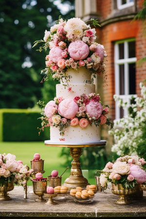 Wedding cake with floral decor, party celebration and holiday dessert catering in a country garden, post-processed, generative aiの素材