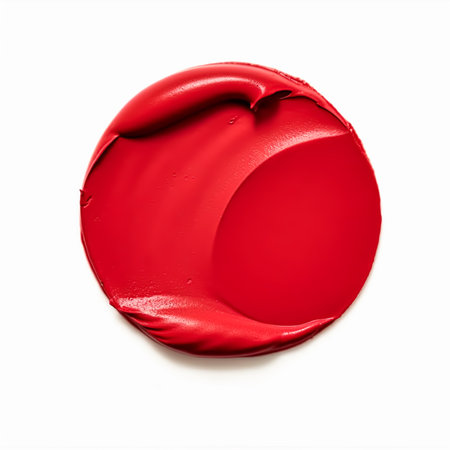 Beauty swatch and cosmetic texture, circle round red lipstick sample isolated on white background, paraffin wax sealing stamp, post-processed, generative aiの素材