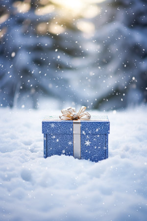 Christmas holiday gift and present, gift box in the snow in snowfall winter countryside nature for boxing day, holidays shopping sale ideaの素材