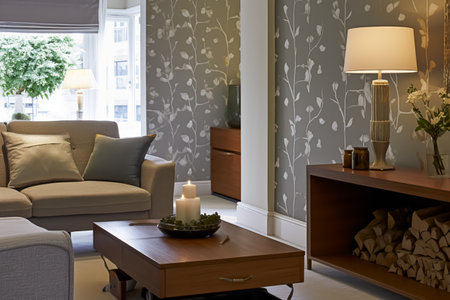 Lounge room decor, interior design and house improvement, living room with floral wallpaper, furniture, sofa and home decor, country cottage style, post-processed, generative aiの素材
