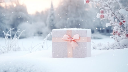 Christmas holiday gift and present, gift box in the snow in snowfall winter countryside nature for boxing day, holidays shopping sale ideaの素材