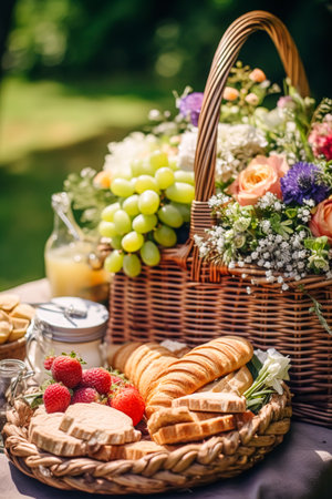 Summer garden harvest, farmers market and country buffet table, cakes and desserts in wicker basket in the garden, food catering for wedding and holiday celebration, floral decor ideaの素材