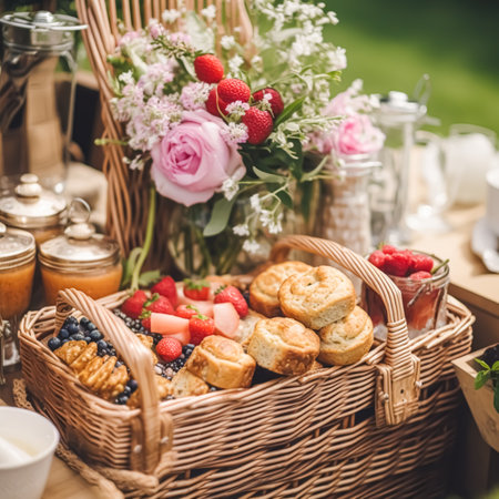 Summer garden harvest, farmers market and country buffet table, cakes and desserts in wicker basket in the garden, food catering for wedding and holiday celebration, floral decor ideaの素材