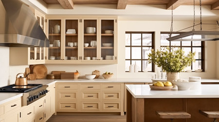 Farmhouse kitchen decor and interior design, English in frame kitchen cabinets, beige and wood, in a country house, elegant cottage style inspirationの素材