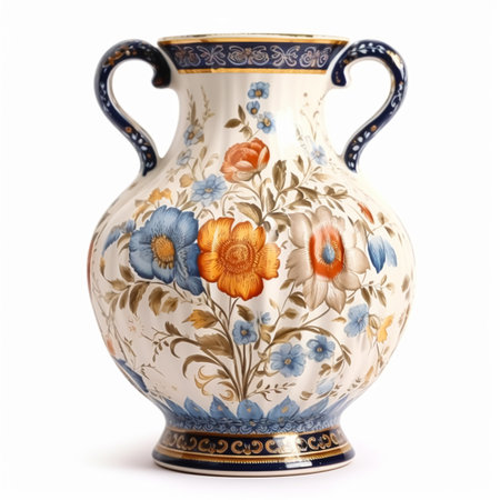 Antique vintage ceramic vase with floral print isolated on white background, country style home decor and interior design, post-processed, generative aiの素材