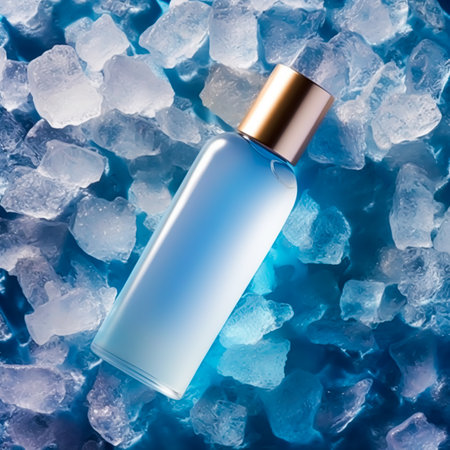 Skincare cosmetic bottle with golden cap on blue ice background, post-processed, generative aiの素材