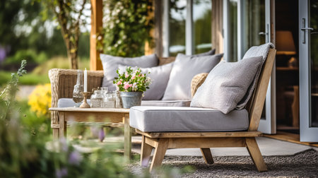 Cottage outdoor furniture and countryside house patio and terrace decor, garden lounge in country style, post-processed, generative aiの素材