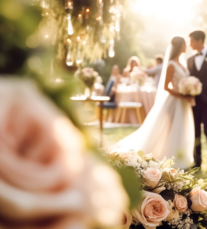 Wedding ceremony and celebration, bride and groom at a beautiful outdoor venue on a sunny day, luxury wedding decor with flowers and bridal bouquet, post-processed, generative aiの素材