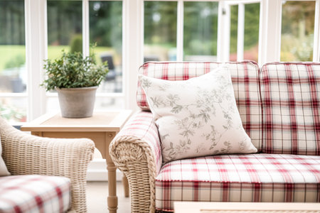 Conservatory room decor, cottage interior design and house improvement, garden furniture with sofa and home decor, English country house style, post-processed, generative aiの素材