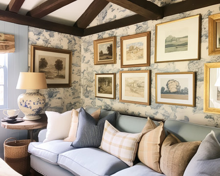 Living room gallery wall, home decor and wall art, framed art in the English country cottage interior, room for diy printable artwork mockup and print shop ideaの素材